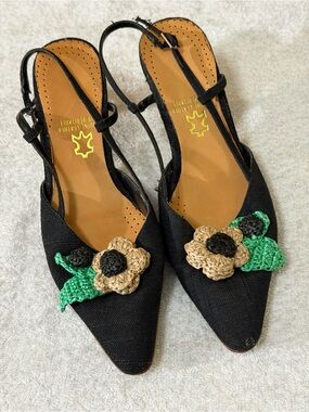Y2K NaNa Nanna Slingback Crochet Flower Kitten Heels Leather Wooden 4582607 VTG